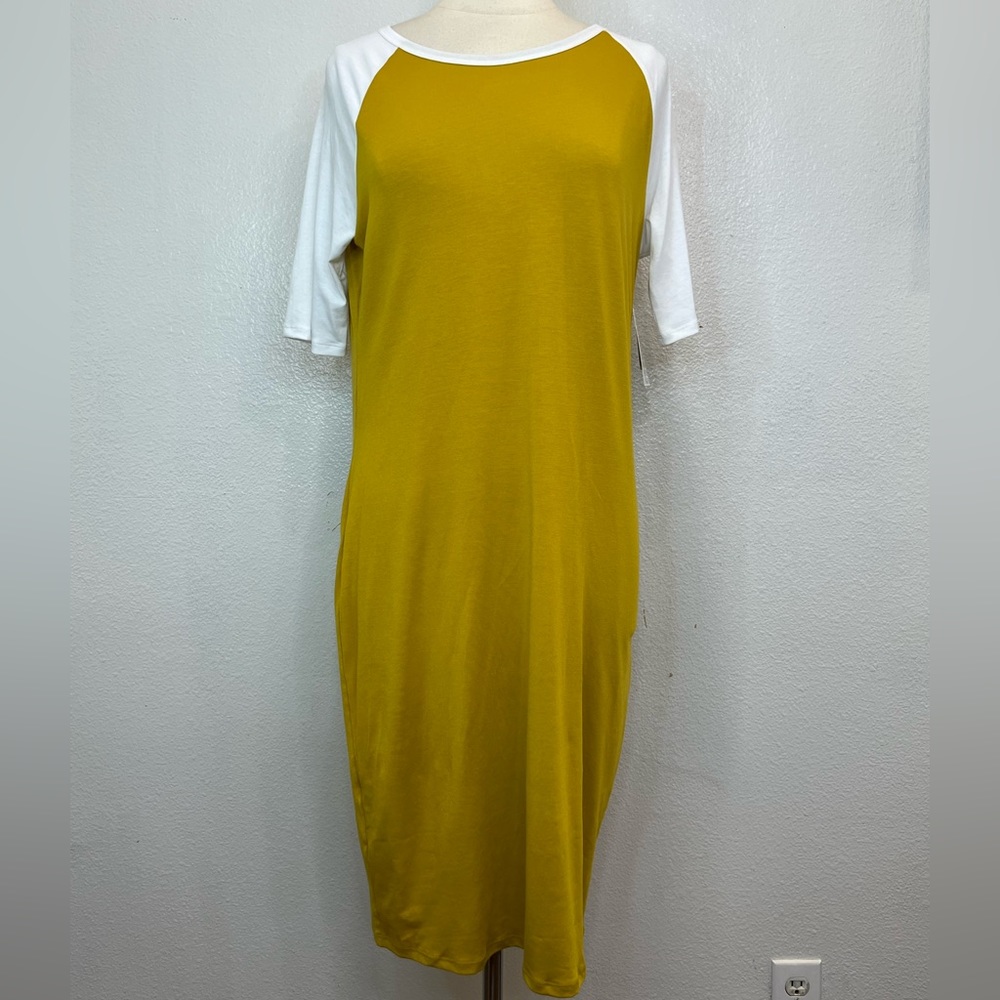 NWT LuLaRoe Julia Color‎ Block Mustard Yellow and White Dress Size XL